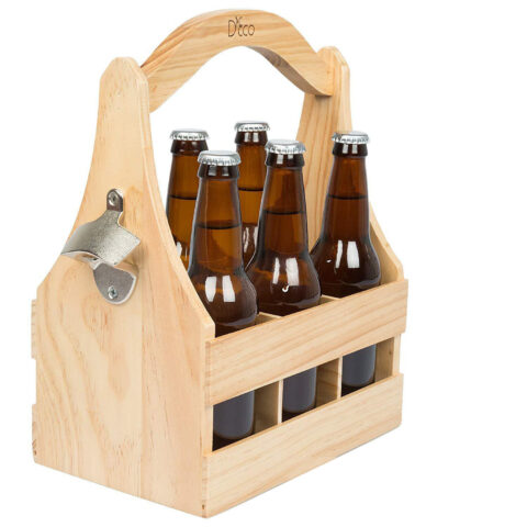 Solid Wood 6 Pack Beer Bottle Holder Caddy Carrier And Bottle Opener